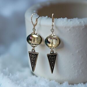 Handmade Boho Glass Orb & Silver Geometric Dangle Earrings | Lever back | Gift